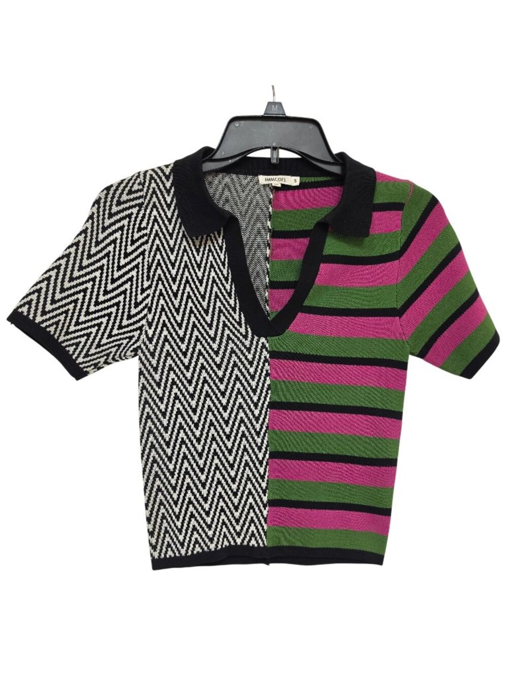Immodel Knit Polo Top Womens S Colorblock Chevron Stripe Green Purple Retro